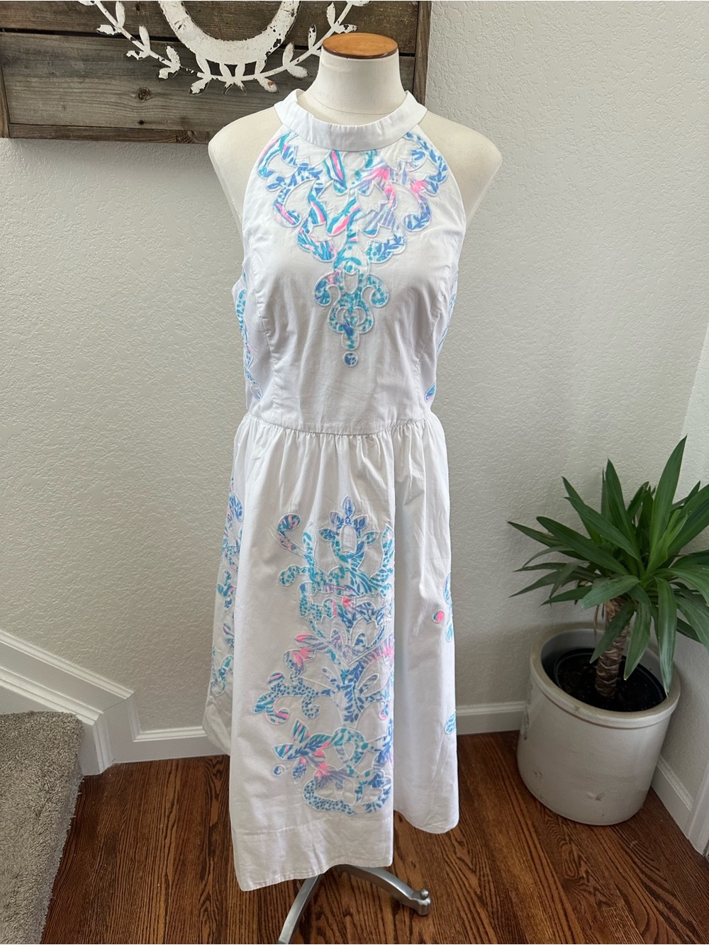 Lilly Pulitzer Gianne White‎ Halter Midi Dress with Blue & Pink ladies 12 NWT